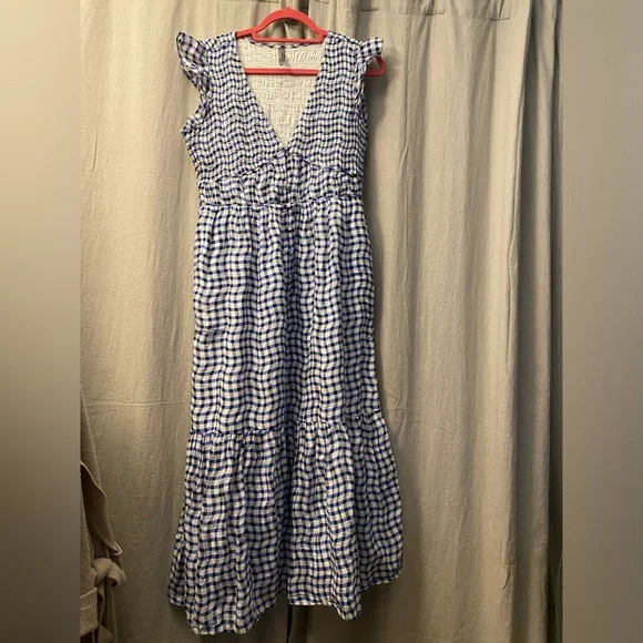 Anthropologie- Peregrine Blue and White Wavy Gingham Check Dress flutter sleeve - Picture 8 of 16